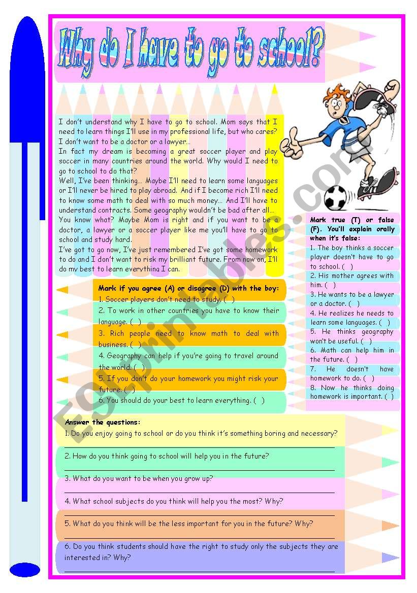 Why do I have to go to school?  Reading comprehension + discussion or essay [3 tasks] ***editable